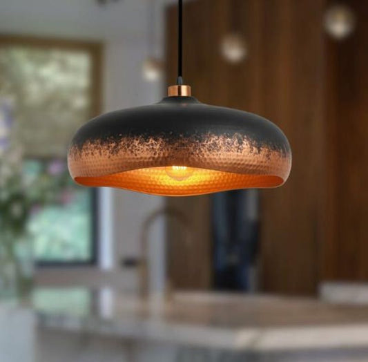 Handmade Black & Copper Brass Pendant Light – Moroccan Saucer Dome Hanging Lamp with Warm Hammered Interior for Kitchen Island, Dining Room & Modern Boho Home Décor