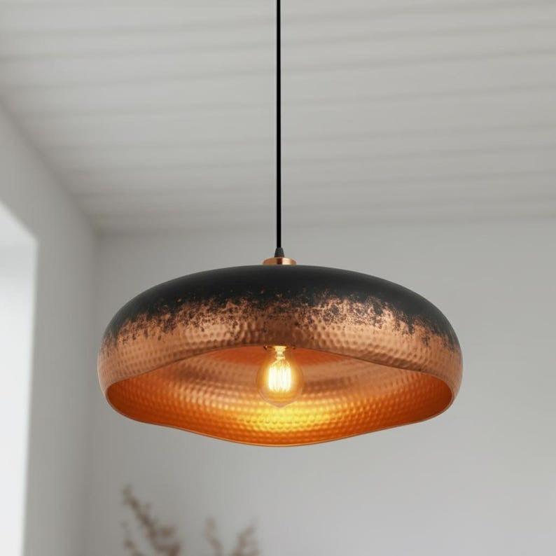 Handmade Black & Copper Brass Pendant Light – Moroccan Saucer Dome Hanging Lamp with Warm Hammered Interior for Kitchen Island, Dining Room & Modern Boho Home Décor