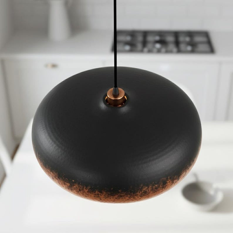 Handmade Black & Copper Brass Pendant Light – Moroccan Saucer Dome Hanging Lamp with Warm Hammered Interior for Kitchen Island, Dining Room & Modern Boho Home Décor