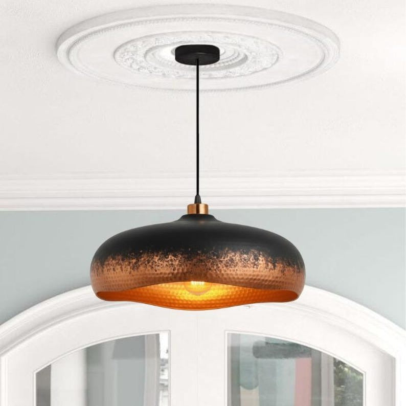 Handmade Black & Copper Brass Pendant Light – Moroccan Saucer Dome Hanging Lamp with Warm Hammered Interior for Kitchen Island, Dining Room & Modern Boho Home Décor