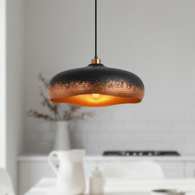 Handmade Black & Copper Brass Pendant Light – Moroccan Saucer Dome Hanging Lamp with Warm Hammered Interior for Kitchen Island, Dining Room & Modern Boho Home Décor