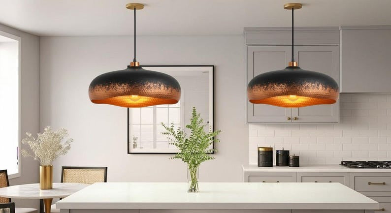 Handmade Black & Copper Brass Pendant Light – Moroccan Saucer Dome Hanging Lamp with Warm Hammered Interior for Kitchen Island, Dining Room & Modern Boho Home Décor