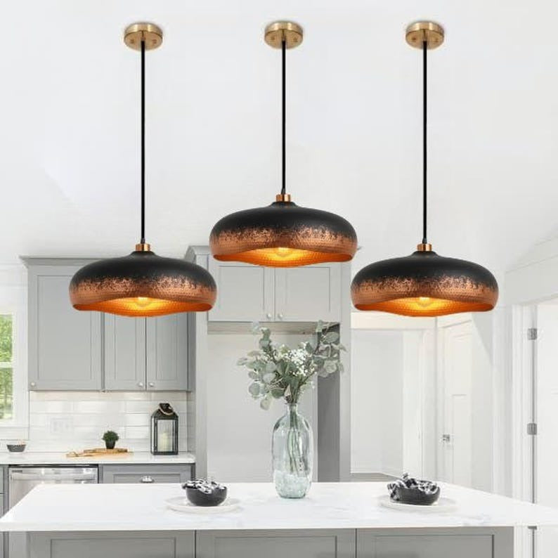 Handmade Black & Copper Brass Pendant Light – Moroccan Saucer Dome Hanging Lamp with Warm Hammered Interior for Kitchen Island, Dining Room & Modern Boho Home Décor