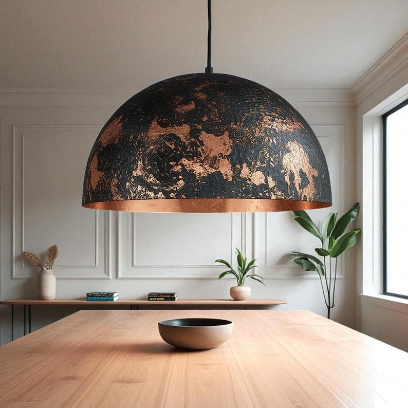 Handmade Moroccan Brass Pendant Light – Black & Copper Distressed Dome Ceiling Lamp, Hammered Kitchen Island & Dining Room Statement Lighting