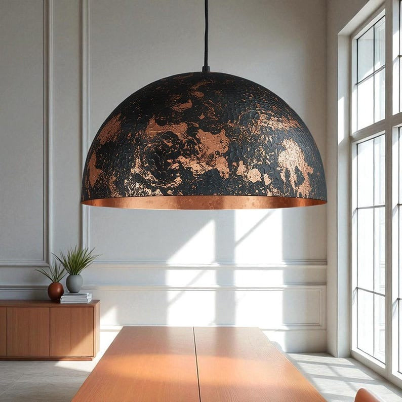Set of 3 Handmade Moroccan Brass Pendant Lights – Black & Copper Distressed Dome Ceiling Lamps, Hammered Kitchen Island & Dining Room Statement Lighting