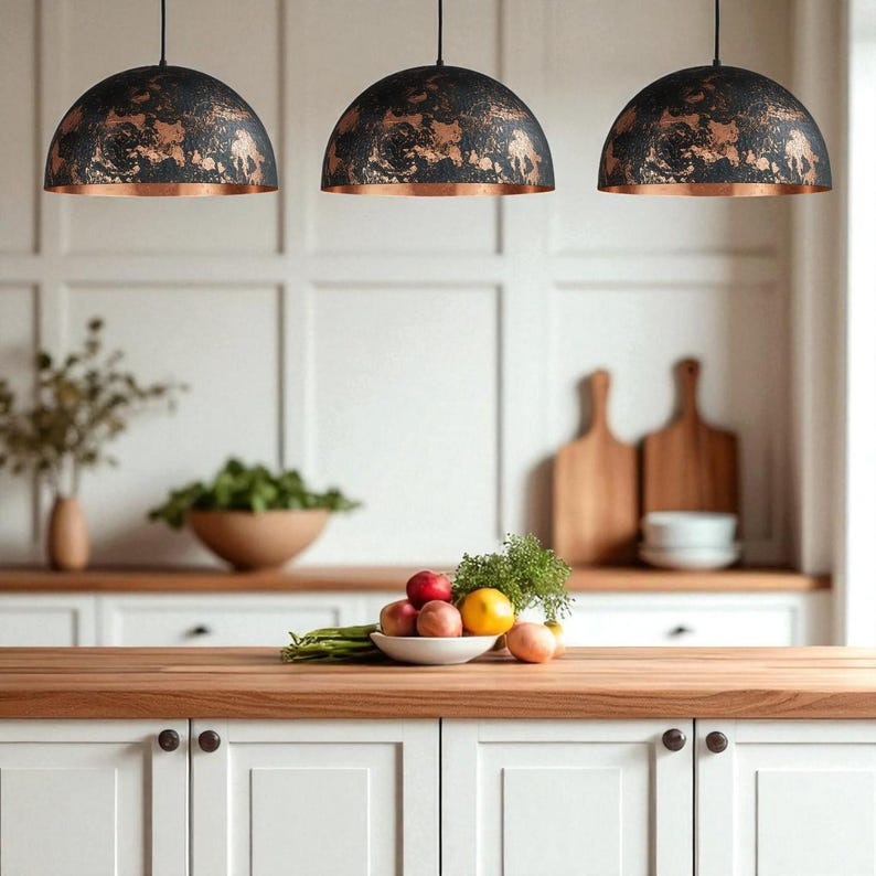 Handmade Moroccan Brass Pendant Light – Black & Copper Distressed Dome Ceiling Lamp, Hammered Kitchen Island & Dining Room Statement Lighting
