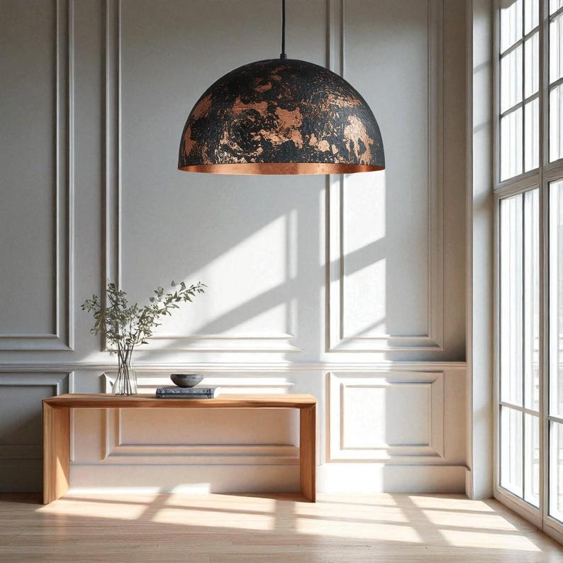 Set of 3 Handmade Moroccan Brass Pendant Lights – Black & Copper Distressed Dome Ceiling Lamps, Hammered Kitchen Island & Dining Room Statement Lighting