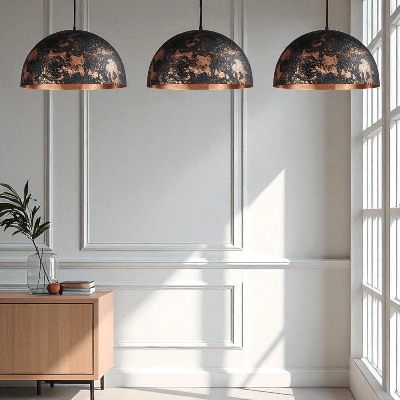 Handmade Moroccan Brass Pendant Light – Black & Copper Distressed Dome Ceiling Lamp, Hammered Kitchen Island & Dining Room Statement Lighting