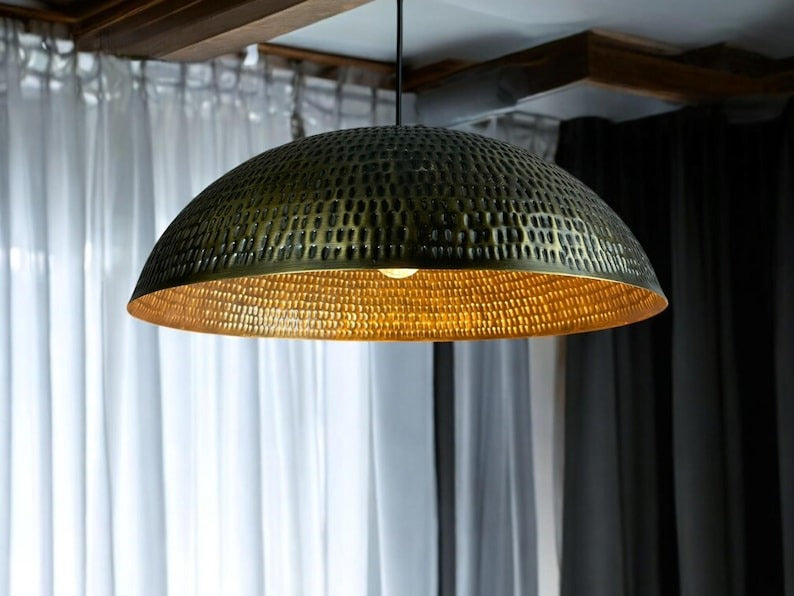 Large Moroccan Brass Dome Pendant Light – Black and Gold Pierced Metal Ceiling Lamp, Handmade Kitchen Island Chandelier