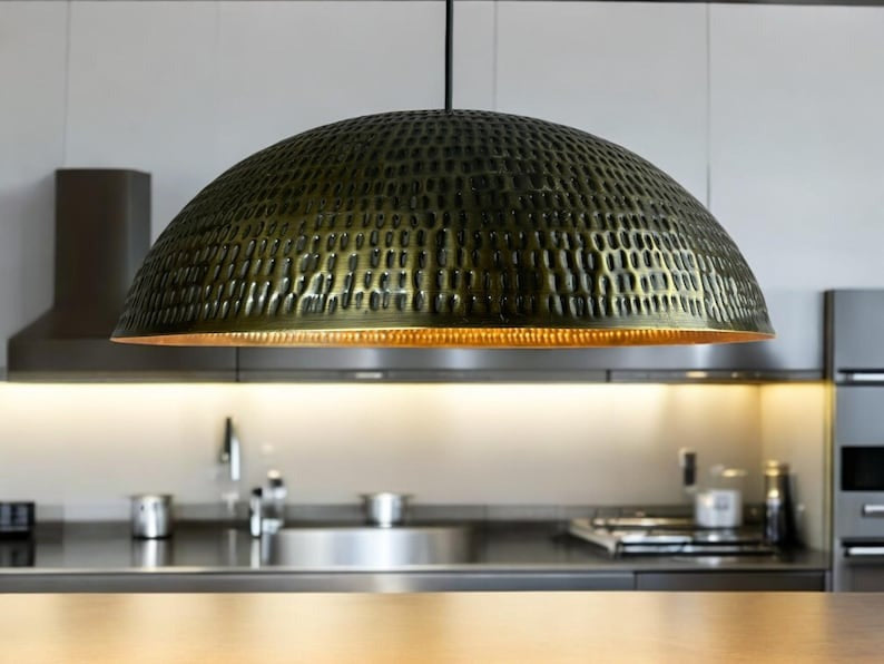 Large Moroccan Brass Dome Pendant Light – Black and Gold Pierced Metal Ceiling Lamp, Handmade Kitchen Island Chandelier