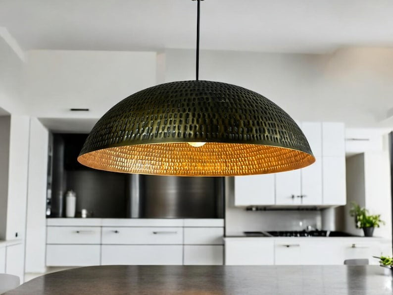 Large Moroccan Brass Dome Pendant Light – Black and Gold Pierced Metal Ceiling Lamp, Handmade Kitchen Island Chandelier
