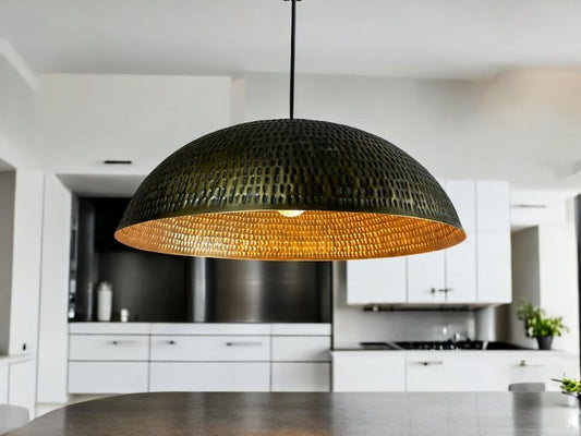 Large Moroccan Brass Dome Pendant Light – Black and Gold Pierced Metal Ceiling Lamp, Handmade Kitchen Island Chandelier