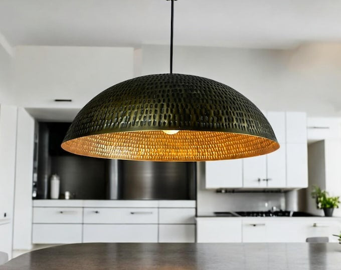 Large Moroccan Brass Dome Pendant Light – Black and Gold Pierced Metal Ceiling Lamp, Handmade Kitchen Island Chandelier