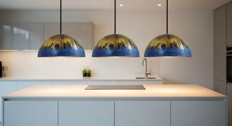 Handmade Moroccan Brass Dome Pendant Light – Deep Blue Brass Hanging Lamp with Antique Gold Drip Patina and Warm Copper Interior, Boho Mediterranean Ceiling Light for Kitchen Island, Dining Room & Living Room