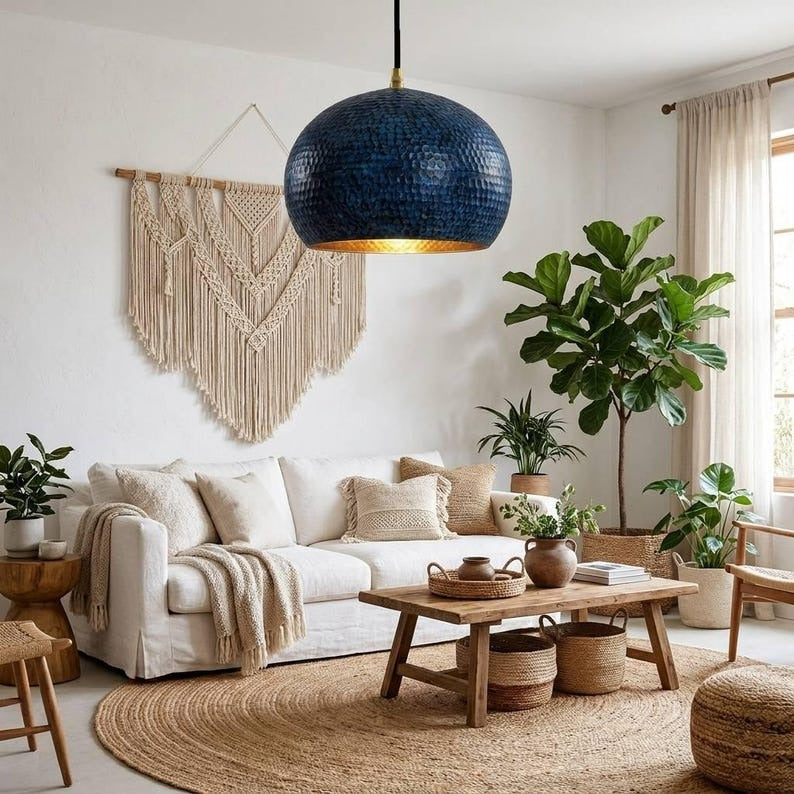 Handmade Moroccan Brass Globe Pendant Light – Hammered Deep Blue Brass Hanging Lamp with Warm Gold Interior, Modern Boho Ceiling Light for Kitchen Island, Dining Room, Bedroom & Living Room