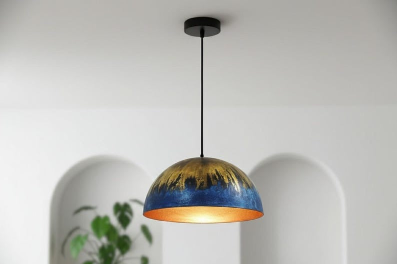 Handmade Moroccan Brass Dome Pendant Light – Deep Blue Brass Hanging Lamp with Antique Gold Drip Patina and Warm Copper Interior, Boho Mediterranean Ceiling Light for Kitchen Island, Dining Room & Living Room