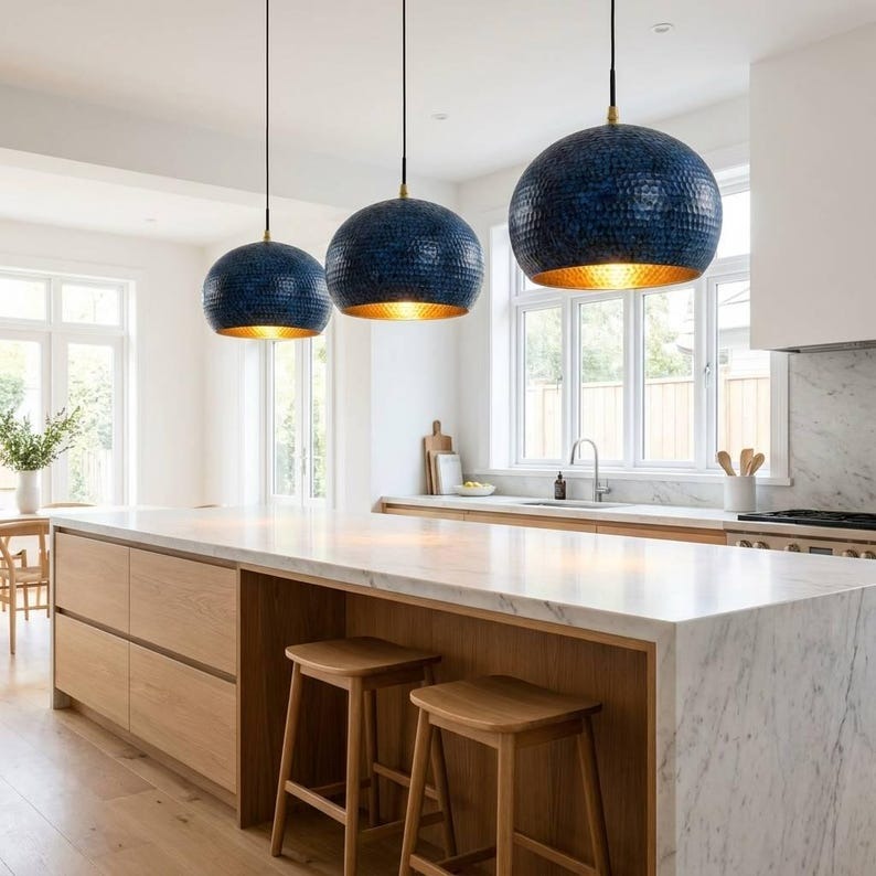 Handmade Moroccan Brass Globe Pendant Light – Hammered Deep Blue Brass Hanging Lamp with Warm Gold Interior, Modern Boho Ceiling Light for Kitchen Island, Dining Room, Bedroom & Living Room