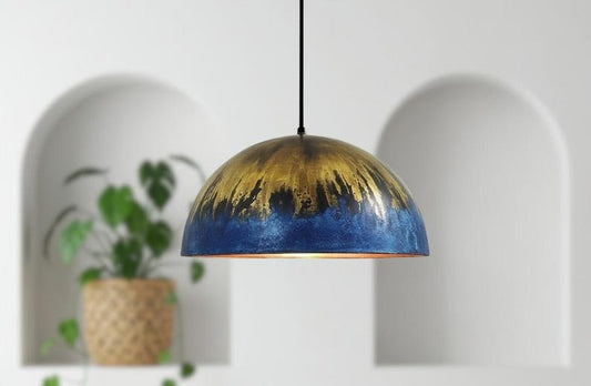 Handmade Moroccan Brass Dome Pendant Light – Deep Blue Brass Hanging Lamp with Antique Gold Drip Patina and Warm Copper Interior, Boho Mediterranean Ceiling Light for Kitchen Island, Dining Room & Living Room