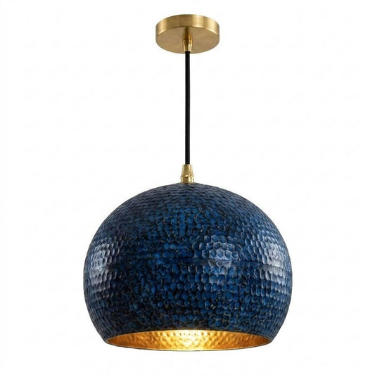 Handmade Moroccan Brass Globe Pendant Light – Hammered Deep Blue Brass Hanging Lamp with Warm Gold Interior, Modern Boho Ceiling Light for Kitchen Island, Dining Room, Bedroom & Living Room