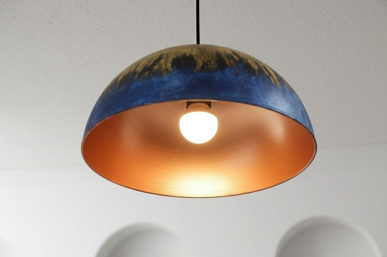 Handmade Moroccan Brass Dome Pendant Light – Deep Blue Brass Hanging Lamp with Antique Gold Drip Patina and Warm Copper Interior, Boho Mediterranean Ceiling Light for Kitchen Island, Dining Room & Living Room