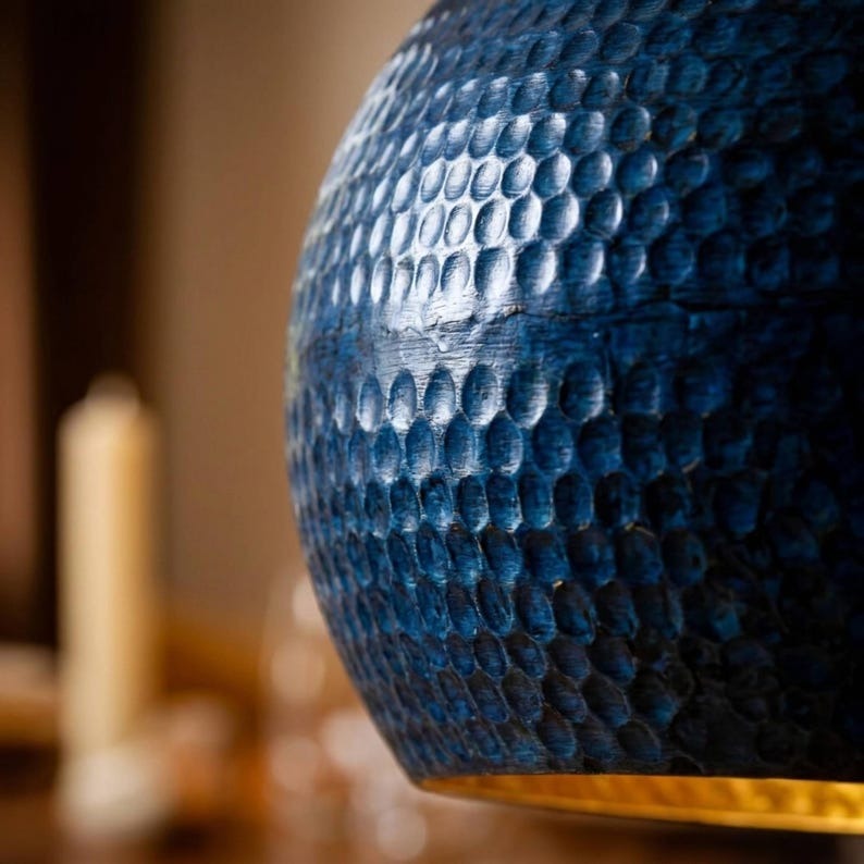Handmade Moroccan Brass Globe Pendant Light – Hammered Deep Blue Brass Hanging Lamp with Warm Gold Interior, Modern Boho Ceiling Light for Kitchen Island, Dining Room, Bedroom & Living Room
