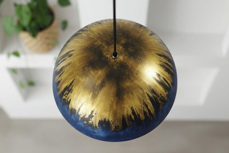 Handmade Moroccan Brass Dome Pendant Light – Deep Blue Brass Hanging Lamp with Antique Gold Drip Patina and Warm Copper Interior, Boho Mediterranean Ceiling Light for Kitchen Island, Dining Room & Living Room