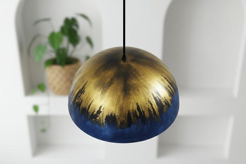 Handmade Moroccan Brass Dome Pendant Light – Deep Blue Brass Hanging Lamp with Antique Gold Drip Patina and Warm Copper Interior, Boho Mediterranean Ceiling Light for Kitchen Island, Dining Room & Living Room