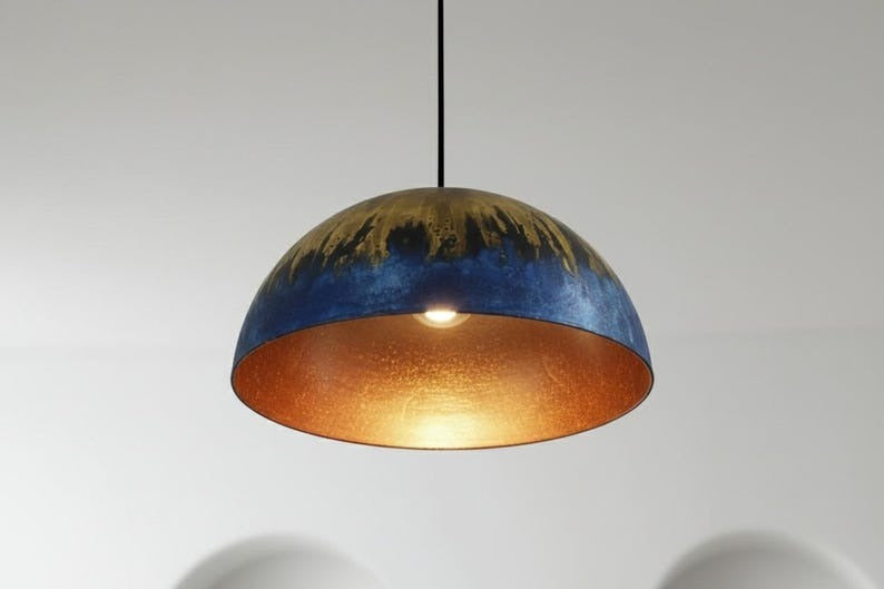 Handmade Moroccan Brass Dome Pendant Light – Deep Blue Brass Hanging Lamp with Antique Gold Drip Patina and Warm Copper Interior, Boho Mediterranean Ceiling Light for Kitchen Island, Dining Room & Living Room
