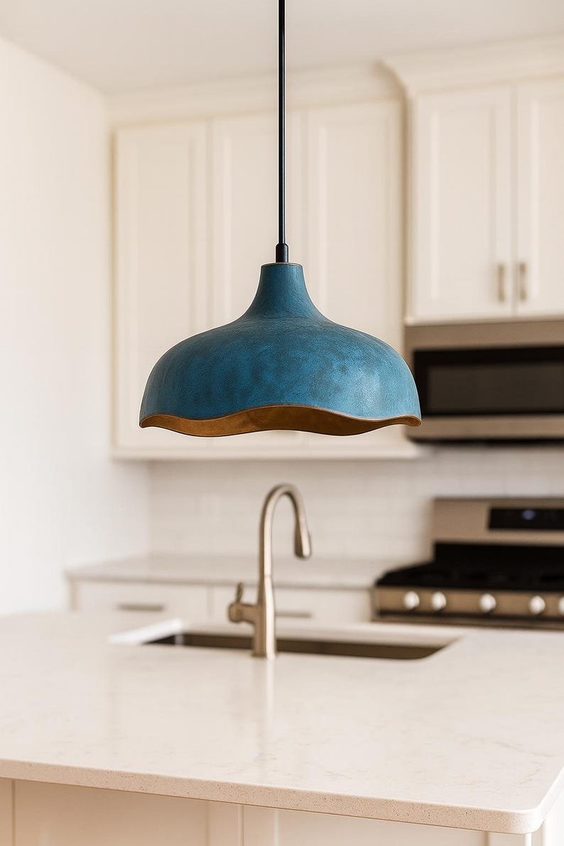 Blue Patina Brass Pendant Light, Handmade Wavy Dome Ceiling Lamp, Moroccan Kitchen Island Chandelier with Gold Interior