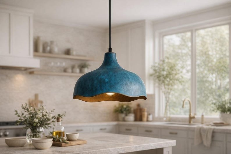Blue Patina Brass Pendant Light, Handmade Wavy Dome Ceiling Lamp, Moroccan Kitchen Island Chandelier with Gold Interior