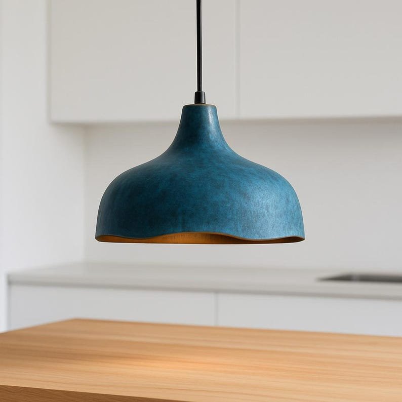 Blue Patina Brass Pendant Light, Handmade Wavy Dome Ceiling Lamp, Moroccan Kitchen Island Chandelier with Gold Interior