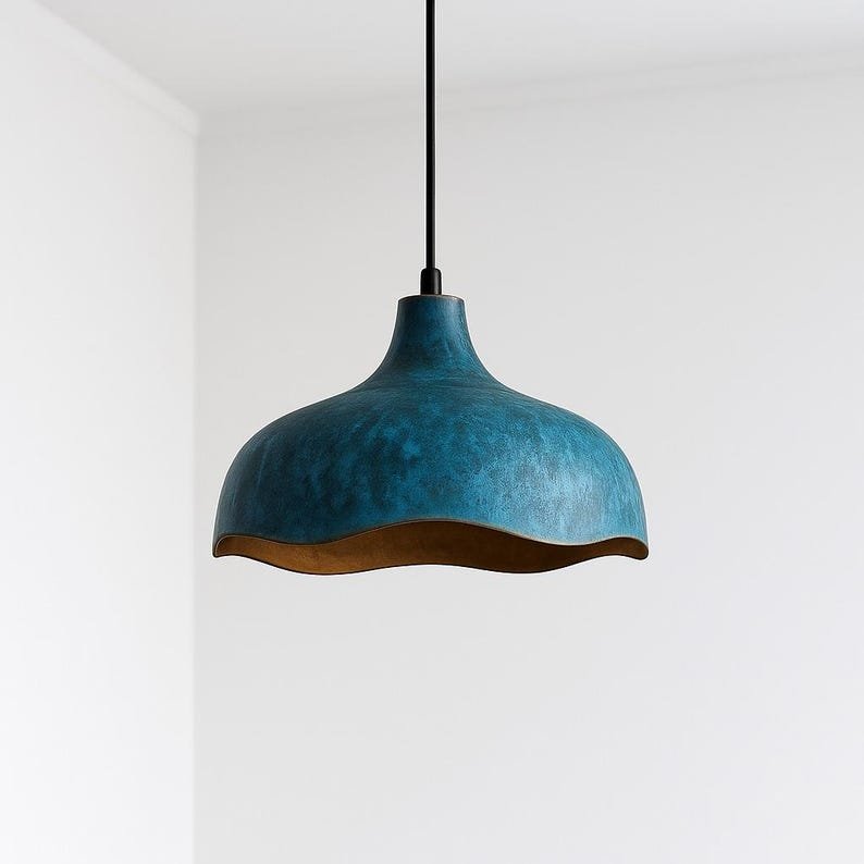 Blue Patina Brass Pendant Light, Handmade Wavy Dome Ceiling Lamp, Moroccan Kitchen Island Chandelier with Gold Interior