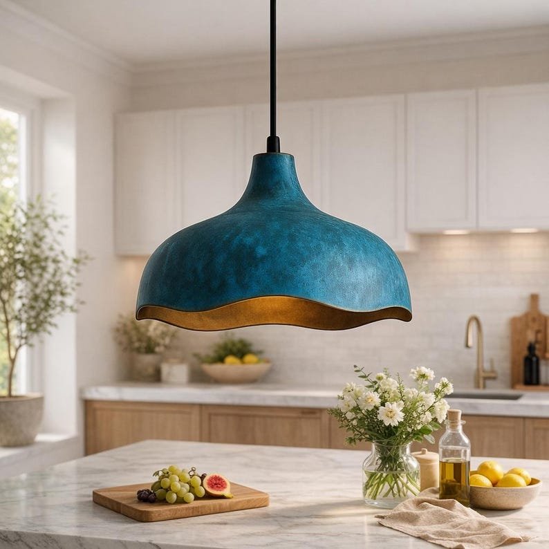 Blue Patina Brass Pendant Light, Handmade Wavy Dome Ceiling Lamp, Moroccan Kitchen Island Chandelier with Gold Interior