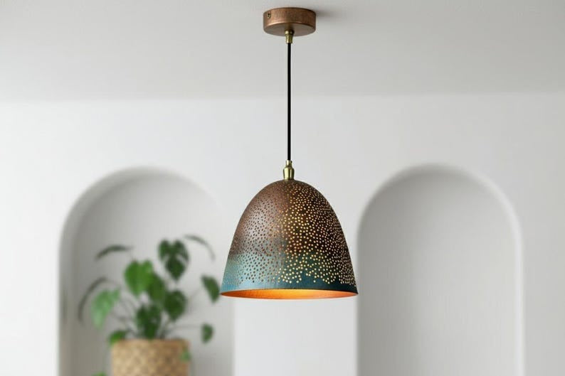 Handmade Moroccan Brass Bell Pendant Light – Perforated Copper and Blue Patina Hanging Lamp with Warm Gold Interior, Boho Mediterranean Ceiling Light for Kitchen Island, Dining Room, Bedroom & Entryway