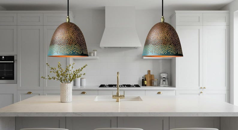 Handmade Moroccan Brass Bell Pendant Light – Perforated Copper and Blue Patina Hanging Lamp with Warm Gold Interior, Boho Mediterranean Ceiling Light for Kitchen Island, Dining Room, Bedroom & Entryway