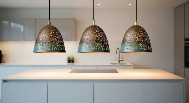 Handmade Moroccan Brass Bell Pendant Light – Perforated Copper and Blue Patina Hanging Lamp with Warm Gold Interior, Boho Mediterranean Ceiling Light for Kitchen Island, Dining Room, Bedroom & Entryway