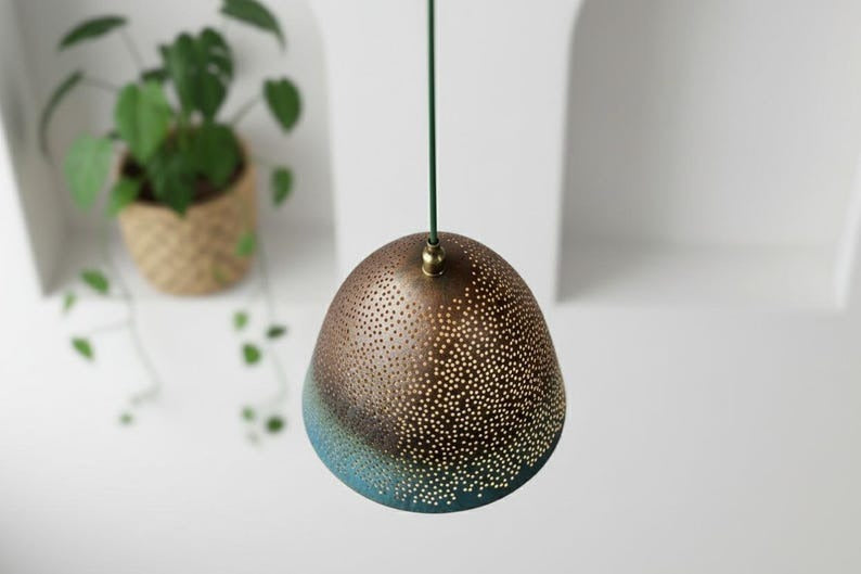 Handmade Moroccan Brass Bell Pendant Light – Perforated Copper and Blue Patina Hanging Lamp with Warm Gold Interior, Boho Mediterranean Ceiling Light for Kitchen Island, Dining Room, Bedroom & Entryway