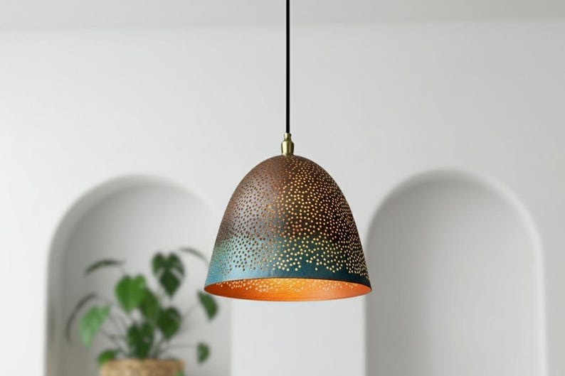Handmade Moroccan Brass Bell Pendant Light – Perforated Copper and Blue Patina Hanging Lamp with Warm Gold Interior, Boho Mediterranean Ceiling Light for Kitchen Island, Dining Room, Bedroom & Entryway