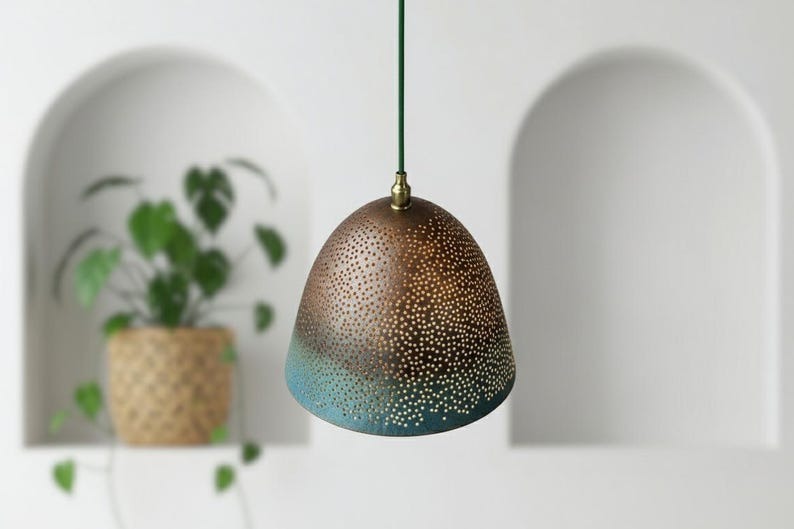 Handmade Moroccan Brass Bell Pendant Light – Perforated Copper and Blue Patina Hanging Lamp with Warm Gold Interior, Boho Mediterranean Ceiling Light for Kitchen Island, Dining Room, Bedroom & Entryway