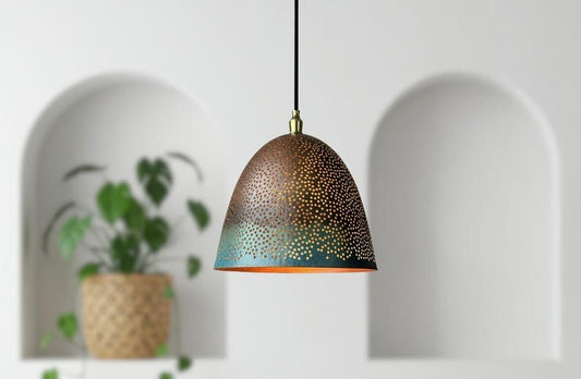Handmade Moroccan Brass Bell Pendant Light – Perforated Copper and Blue Patina Hanging Lamp with Warm Gold Interior, Boho Mediterranean Ceiling Light for Kitchen Island, Dining Room, Bedroom & Entryway