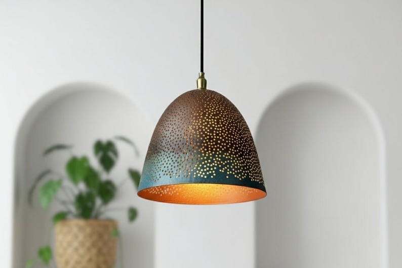 Handmade Moroccan Brass Bell Pendant Light – Perforated Copper and Blue Patina Hanging Lamp with Warm Gold Interior, Boho Mediterranean Ceiling Light for Kitchen Island, Dining Room, Bedroom & Entryway
