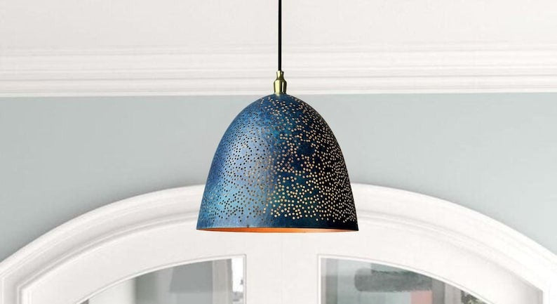 Handmade Pierced Brass Pendant Light – Blue Patina Moroccan Dome Pendant Lamp for Kitchen Island, Dining Room, Entryway & Boho Modern Home Décor