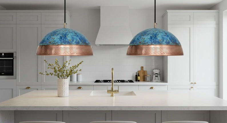 Handmade Moroccan Brass Dome Pendant Light – Blue Patina and Perforated Copper Brass Hanging Lamp, Boho Mediterranean Ceiling Light for Kitchen Island, Dining Room, Bedroom & Entryway