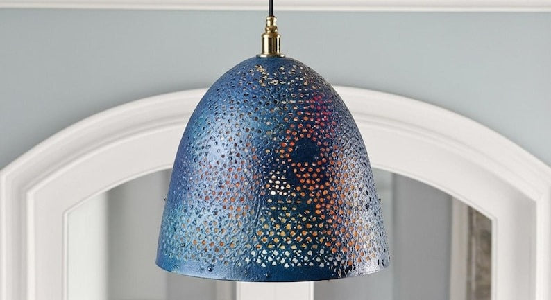 Handmade Pierced Brass Pendant Light – Blue Patina Moroccan Dome Pendant Lamp for Kitchen Island, Dining Room, Entryway & Boho Modern Home Décor