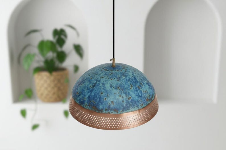 Handmade Moroccan Brass Dome Pendant Light – Blue Patina and Perforated Copper Brass Hanging Lamp, Boho Mediterranean Ceiling Light for Kitchen Island, Dining Room, Bedroom & Entryway