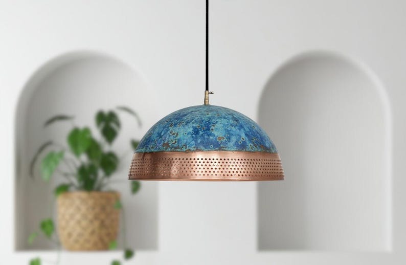 Handmade Moroccan Brass Dome Pendant Light – Blue Patina and Perforated Copper Brass Hanging Lamp, Boho Mediterranean Ceiling Light for Kitchen Island, Dining Room, Bedroom & Entryway