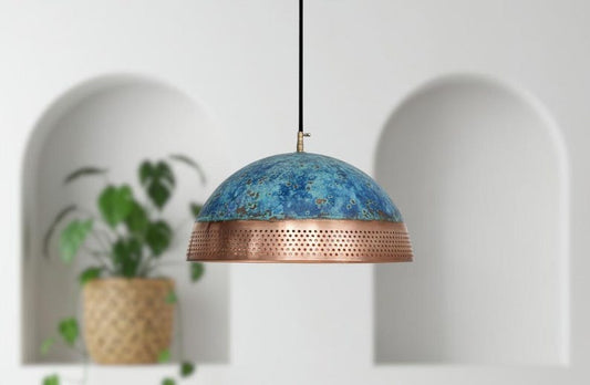 Handmade Moroccan Brass Dome Pendant Light – Blue Patina and Perforated Copper Brass Hanging Lamp, Boho Mediterranean Ceiling Light for Kitchen Island, Dining Room, Bedroom & Entryway