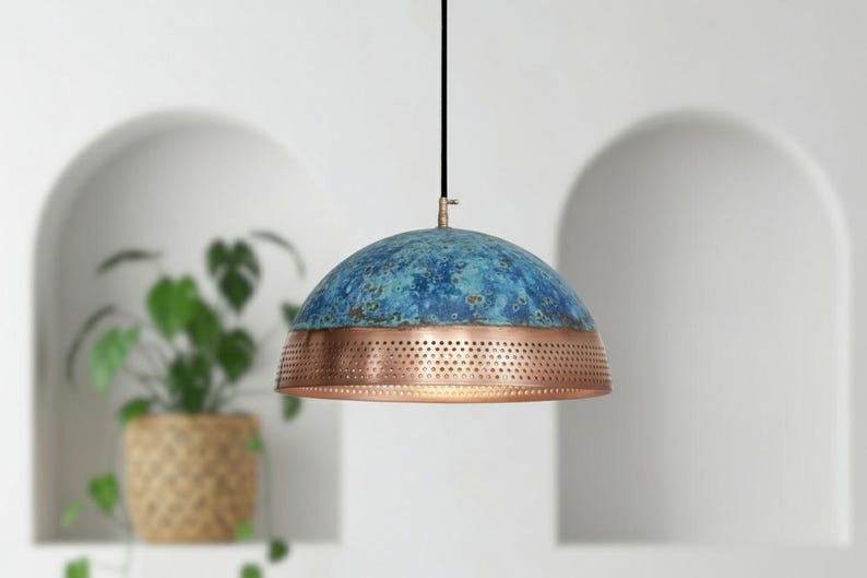 Handmade Moroccan Brass Dome Pendant Light – Blue Patina and Perforated Copper Brass Hanging Lamp, Boho Mediterranean Ceiling Light for Kitchen Island, Dining Room, Bedroom & Entryway