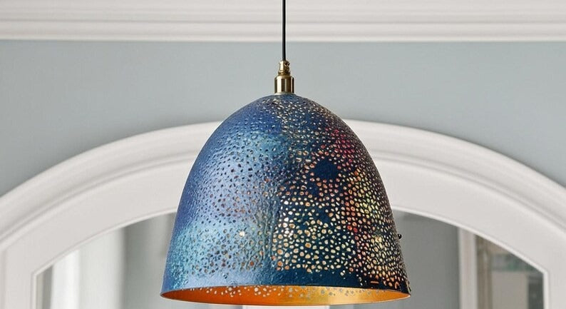 Handmade Pierced Brass Pendant Light – Blue Patina Moroccan Dome Pendant Lamp for Kitchen Island, Dining Room, Entryway & Boho Modern Home Décor