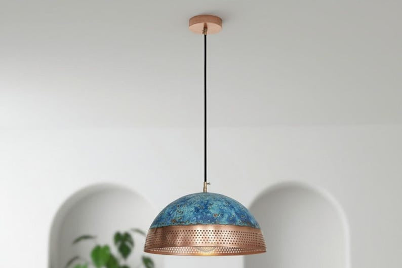 Handmade Moroccan Brass Dome Pendant Light – Blue Patina and Perforated Copper Brass Hanging Lamp, Boho Mediterranean Ceiling Light for Kitchen Island, Dining Room, Bedroom & Entryway